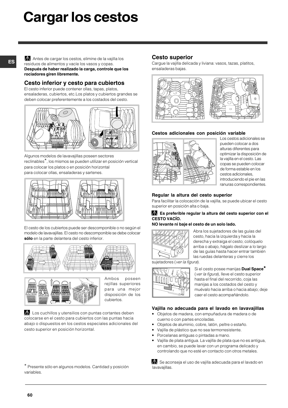 Cargar los cestos, Cesto superior, Cesto inferior y cesto para cubiertos | Indesit DFG 051 User Manual | Page 60 / 80