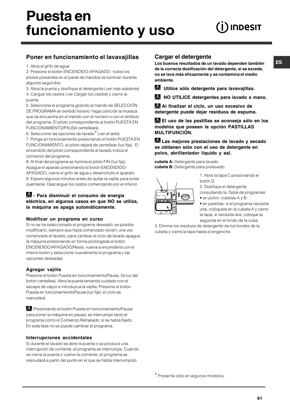 Puesta en funcionamiento y uso | Indesit DFG 051 User Manual | Page 61 / 80