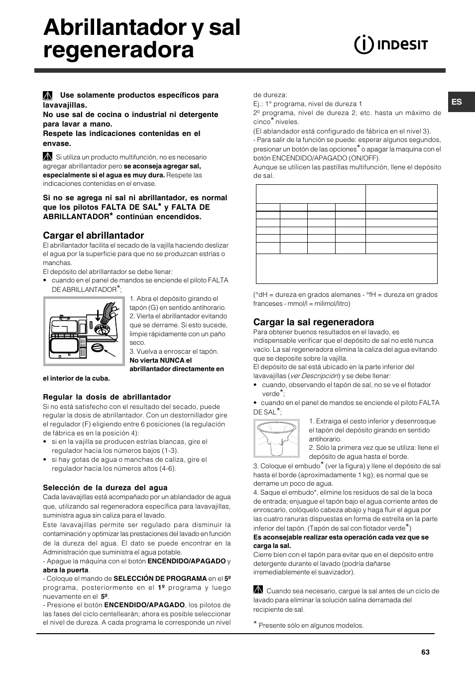 Abrillantador y sal regeneradora, Cargar el abrillantador, Cargar la sal regeneradora | Indesit DFG 051 User Manual | Page 63 / 80