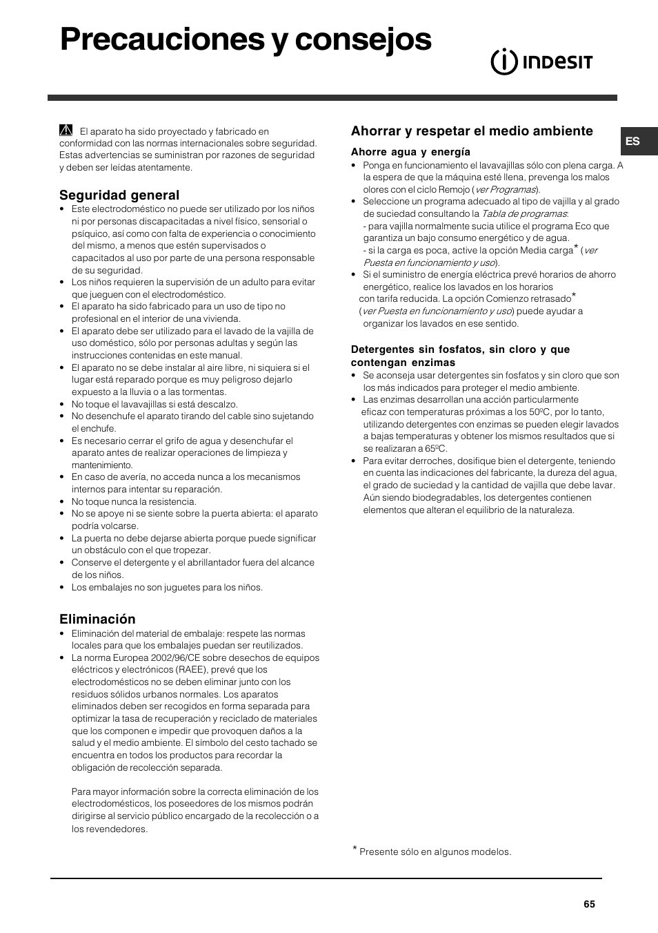 Precauciones y consejos, Seguridad general, Eliminación | Ahorrar y respetar el medio ambiente | Indesit DFG 051 User Manual | Page 65 / 80