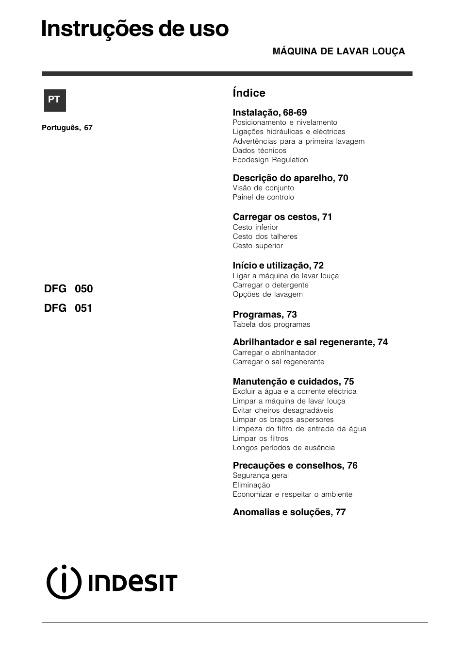 Instruções de uso, Índice | Indesit DFG 051 User Manual | Page 67 / 80
