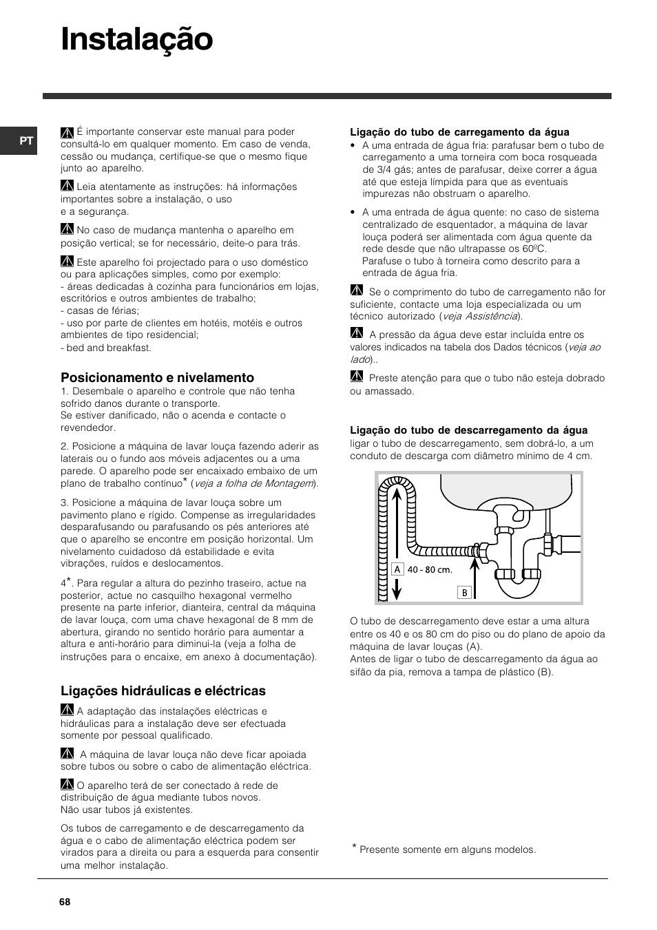 Instalação, Posicionamento e nivelamento, Ligações hidráulicas e eléctricas | Indesit DFG 051 User Manual | Page 68 / 80