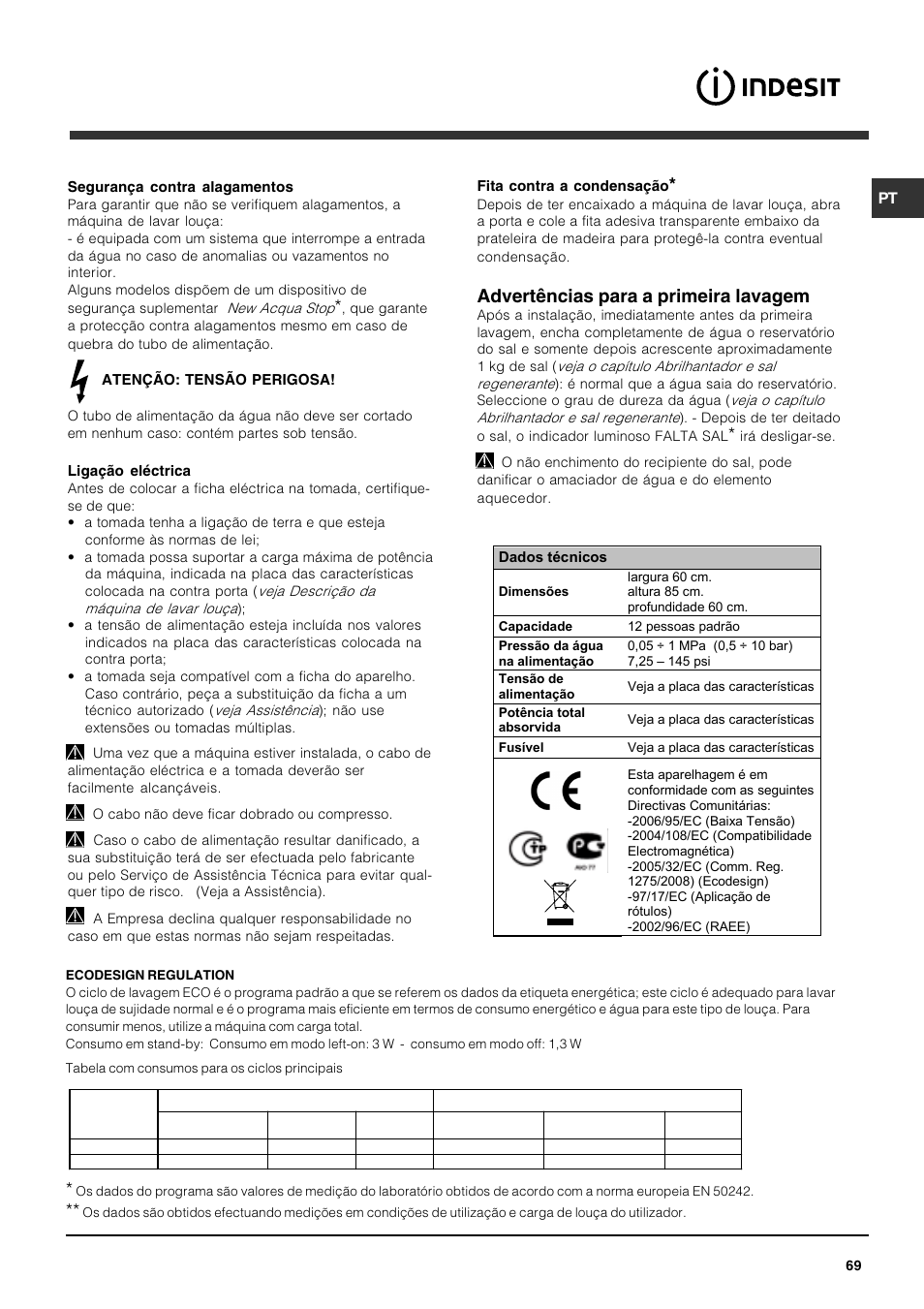 Advertências para a primeira lavagem | Indesit DFG 051 User Manual | Page 69 / 80
