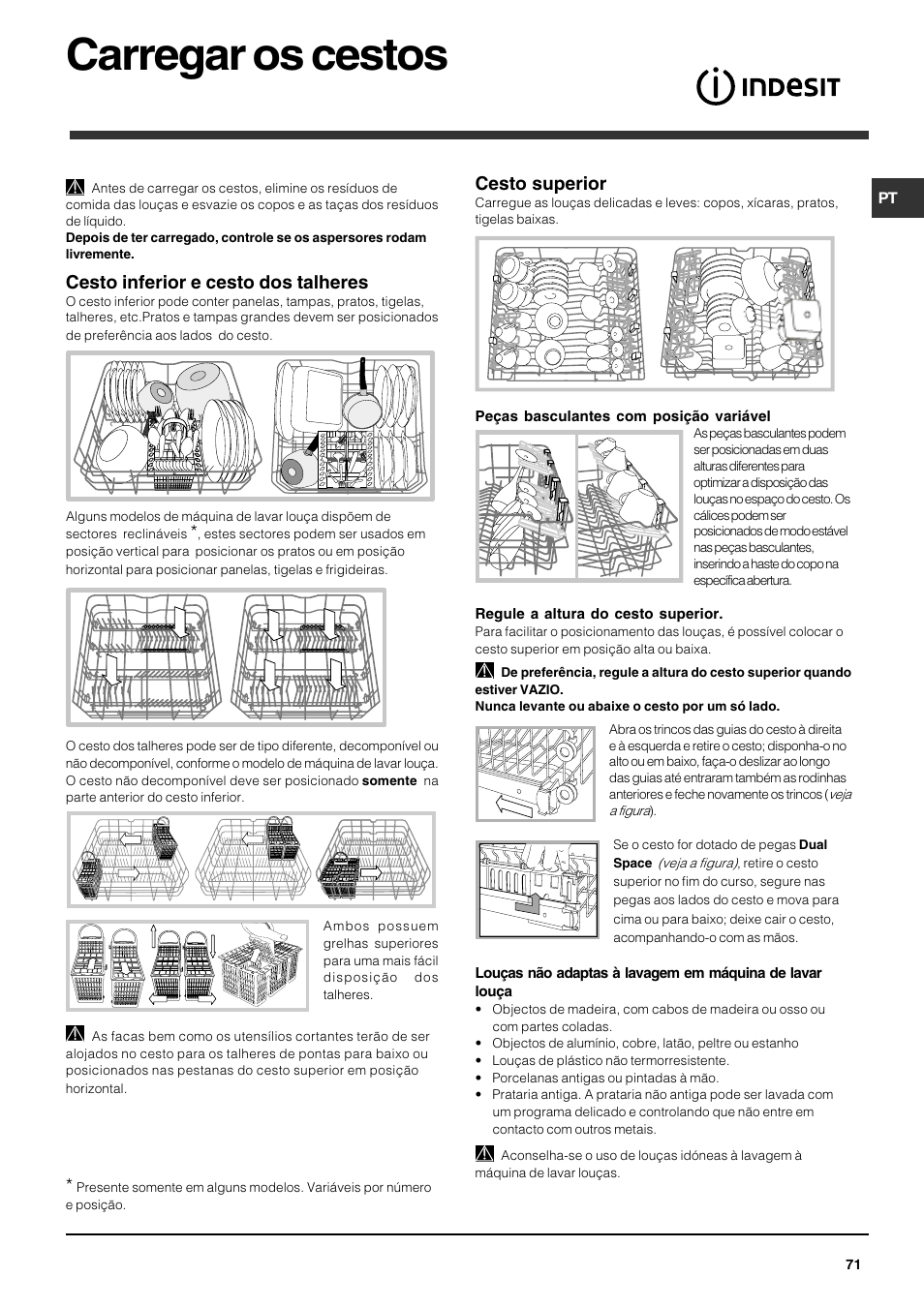 Carregar os cestos, Cesto inferior e cesto dos talheres, Cesto superior | Indesit DFG 051 User Manual | Page 71 / 80