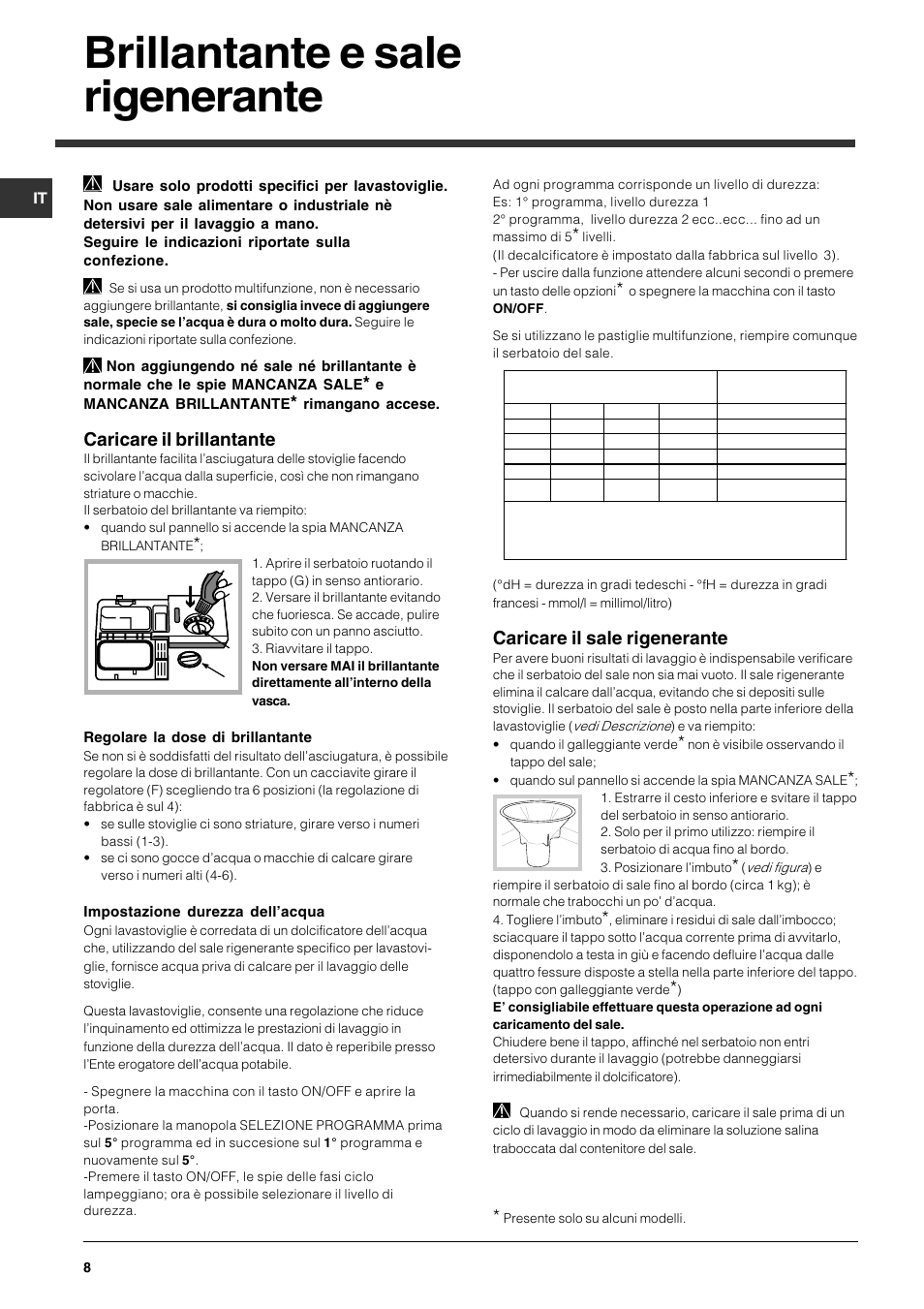 Brillantante e sale rigenerante, Caricare il brillantante, Caricare il sale rigenerante | Indesit DFG 051 User Manual | Page 8 / 80