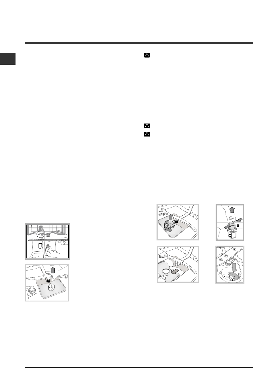 Care and maintenance, Shutting off the water and electricity supplies, Cleaning the dishwasher | Preventing unpleasant odours, Cleaning the sprayer arms, Cleaning the water inlet filter, Cleaning the filters, Leaving the machine unused for extended periods | Indesit DSG 573 User Manual | Page 22 / 84