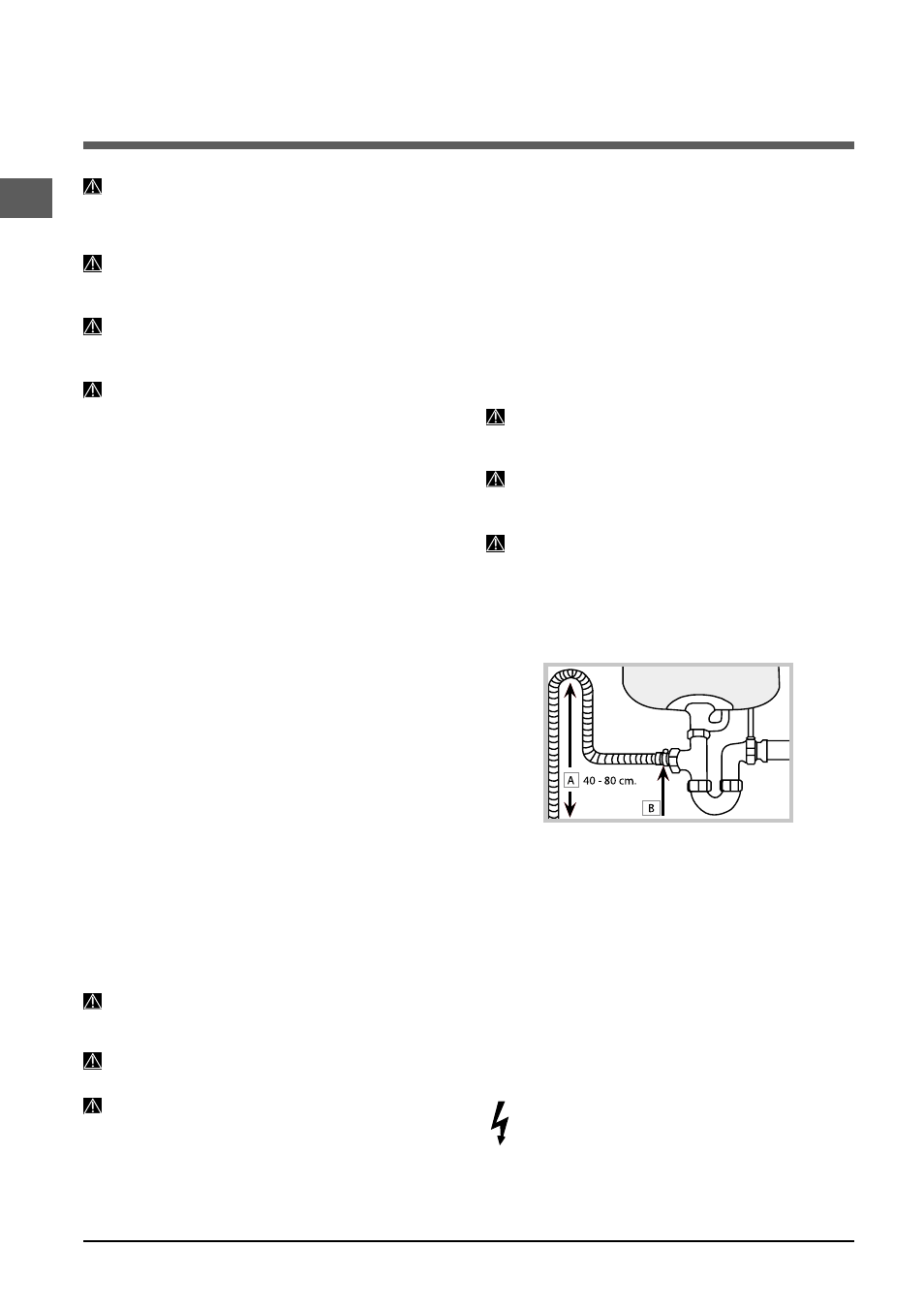 Installation, Positionierung und nivellierung, Wasser- und elektroanschlüsse | Anschluss des zulaufschlauchs, Schutz vor überschwemmungen | Indesit DSG 573 User Manual | Page 38 / 84