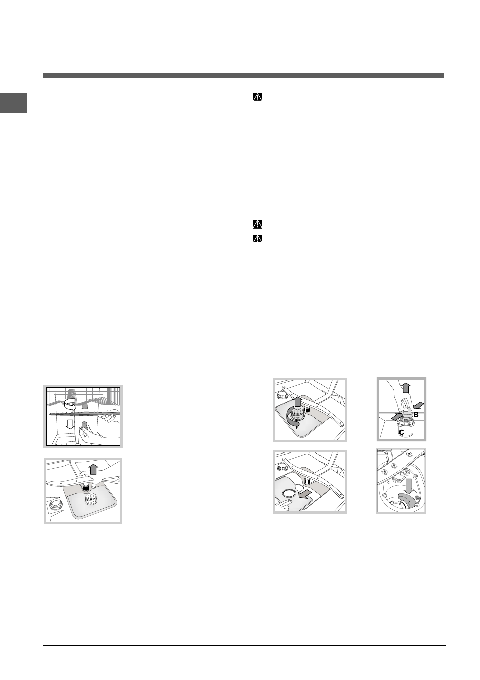 Onderhoud en verzorging, Water en elektrische stroom afsluiten, Reinigen van de afwasautomaat | Vermijden van vervelende luchtjes, Reinigen van de sproeiarmen, Reinigen van de filters | Indesit DSG 573 User Manual | Page 58 / 84