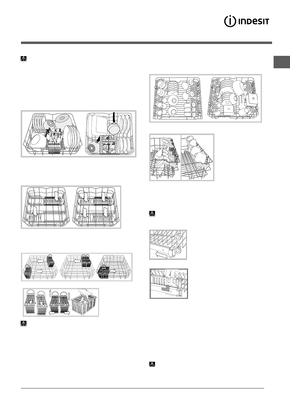 Charger les paniers, Panier inférieur et panier à couverts, Panier supérieur | Indesit DIF 04 User Manual | Page 27 / 80