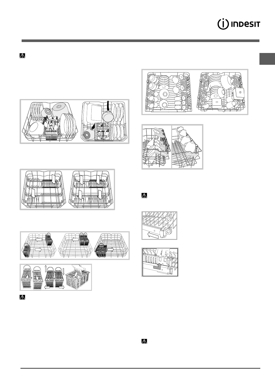 Cargar los cestos, Cesto superior, Cesto inferior y cesto para cubiertos | Indesit DIF 04 User Manual | Page 49 / 80