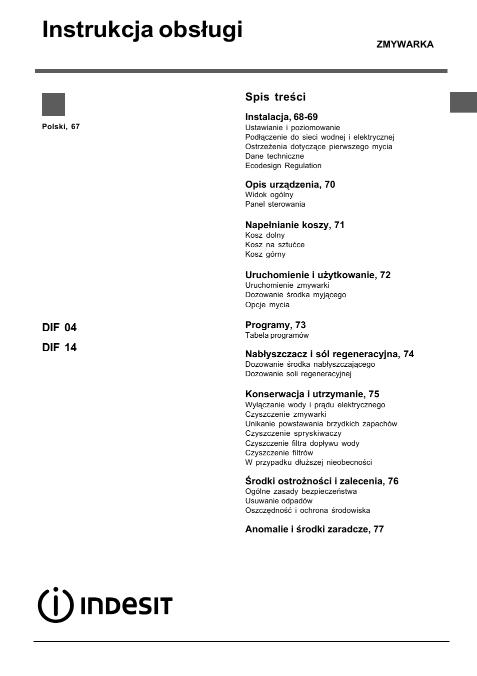 Instrukcja obsługi | Indesit DIF 04 User Manual | Page 67 / 80
