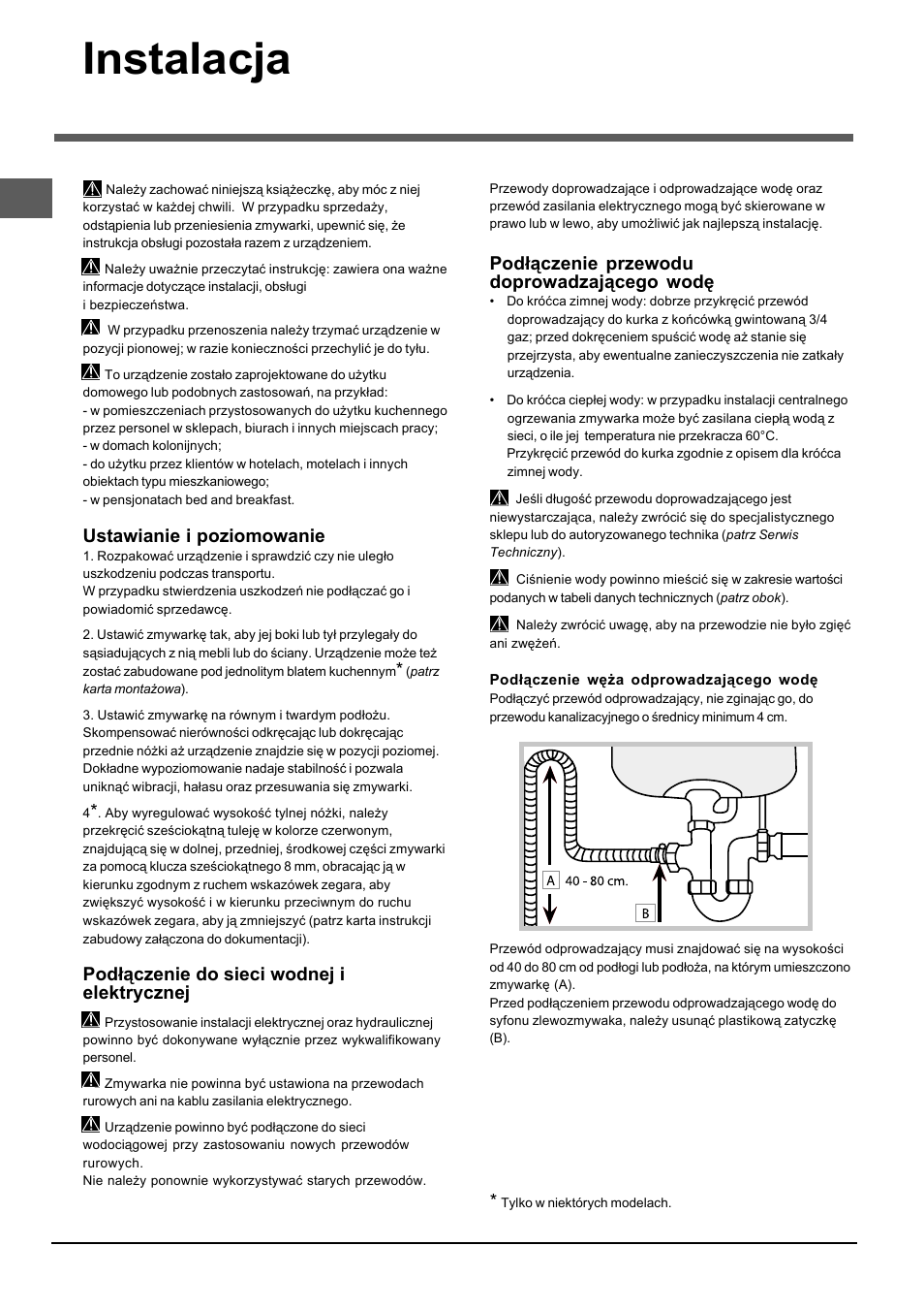 Instalacja, Ustawianie i poziomowanie, Podłączenie do sieci wodnej i elektrycznej | Podłączenie przewodu doprowadzającego wodę | Indesit DIF 04 User Manual | Page 68 / 80