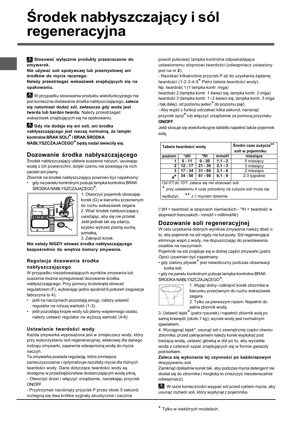 Środek nabłyszczający i sól regeneracyjna, Dozowanie środka nabłyszczającego, Dozowanie soli regeneracyjnej | Indesit DIF 04 User Manual | Page 74 / 80