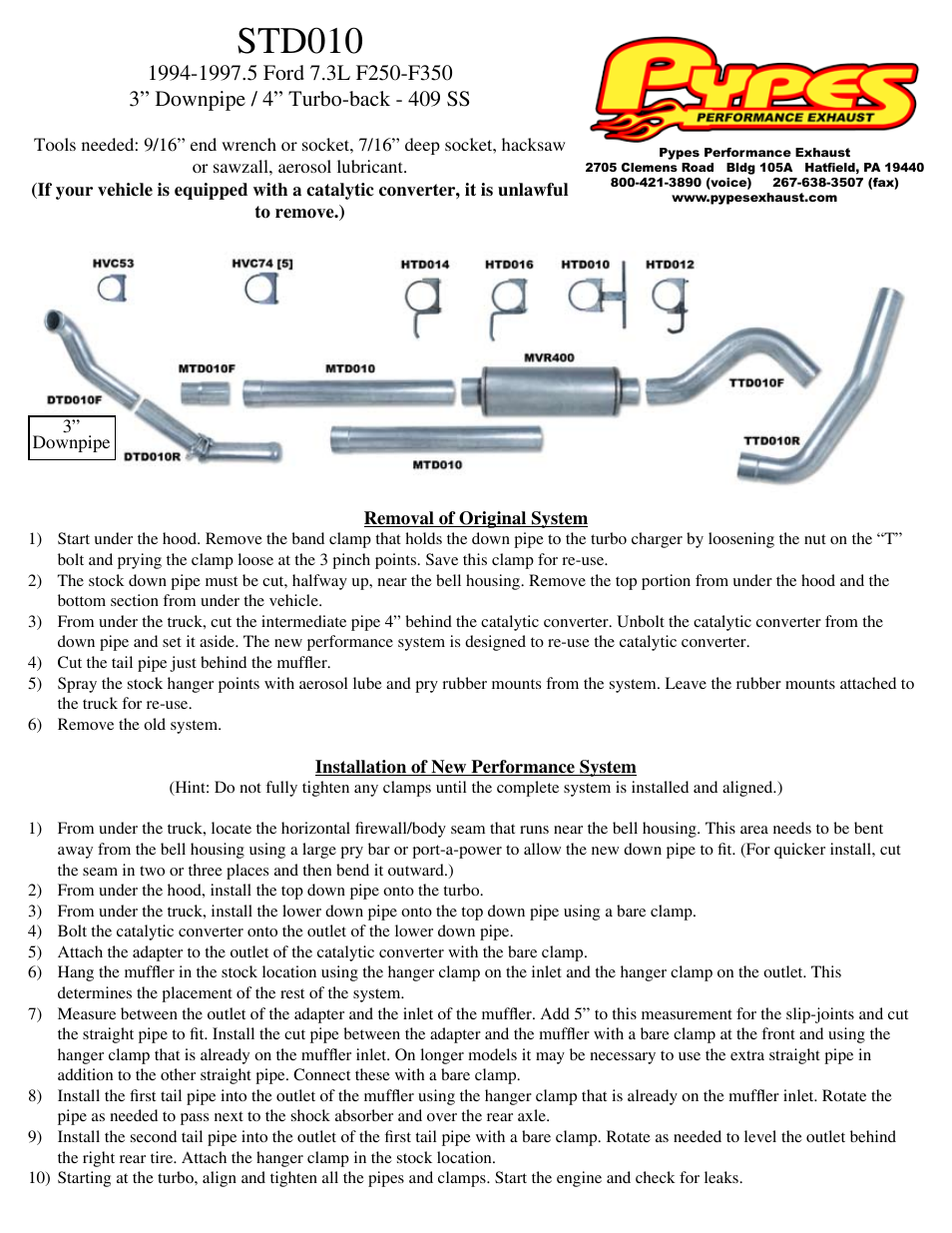 Pypes Performance Exhaust STD010 User Manual | 1 page