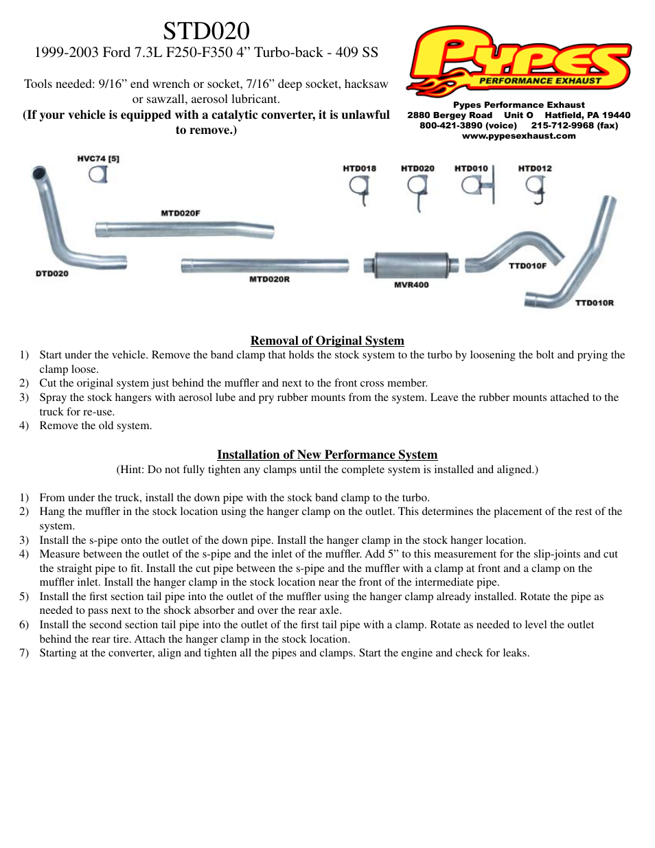 Pypes Performance Exhaust STD020 User Manual | 1 page