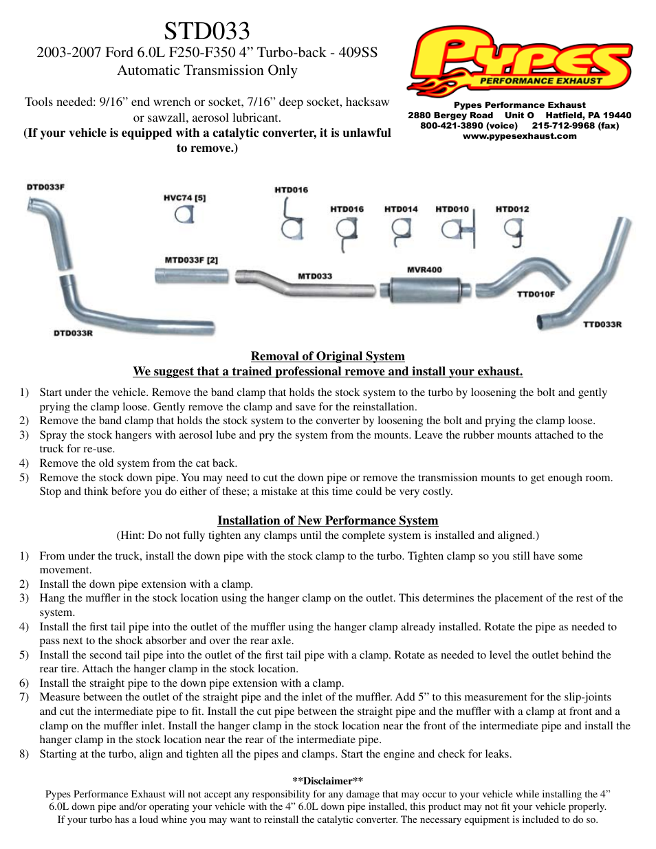 Pypes Performance Exhaust STD033 User Manual | 1 page