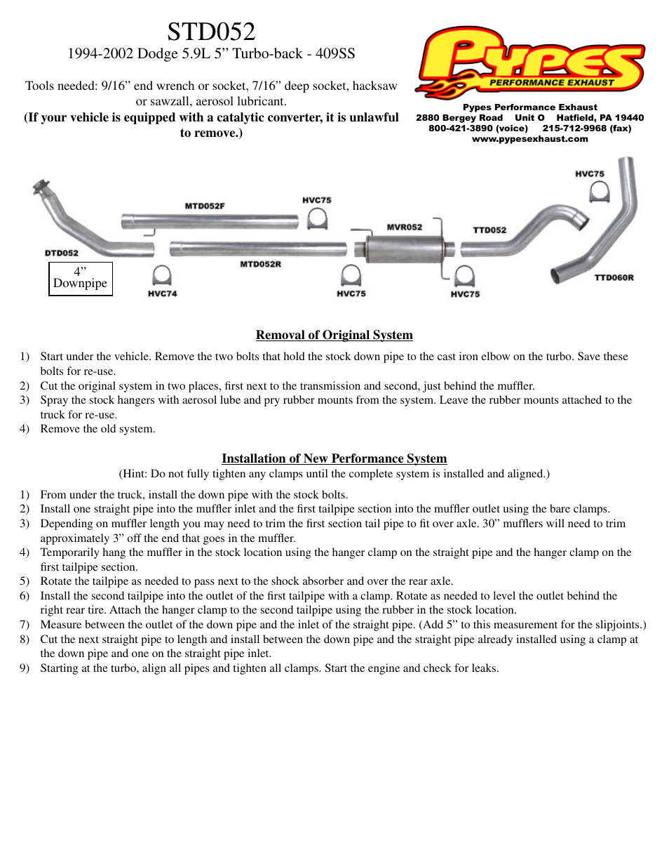 Pypes Performance Exhaust STD052 User Manual | 1 page