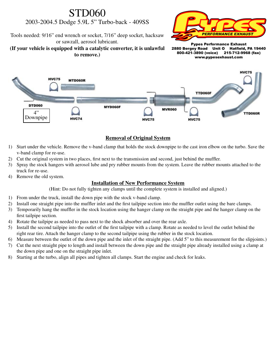 Pypes Performance Exhaust STD060 User Manual | 1 page