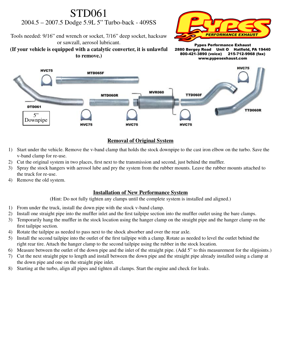 Pypes Performance Exhaust STD061 User Manual | 1 page