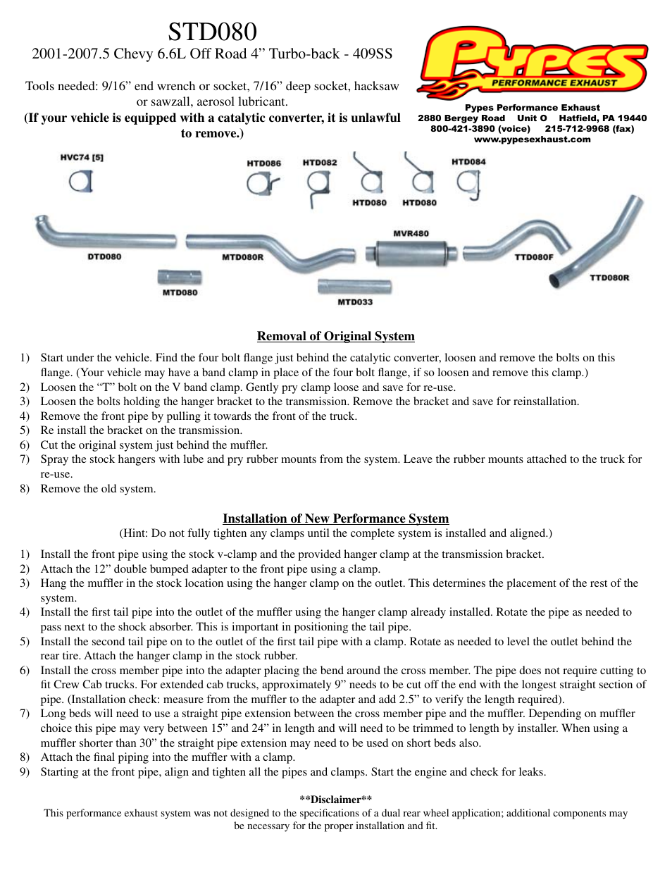 Pypes Performance Exhaust STD080 User Manual | 1 page