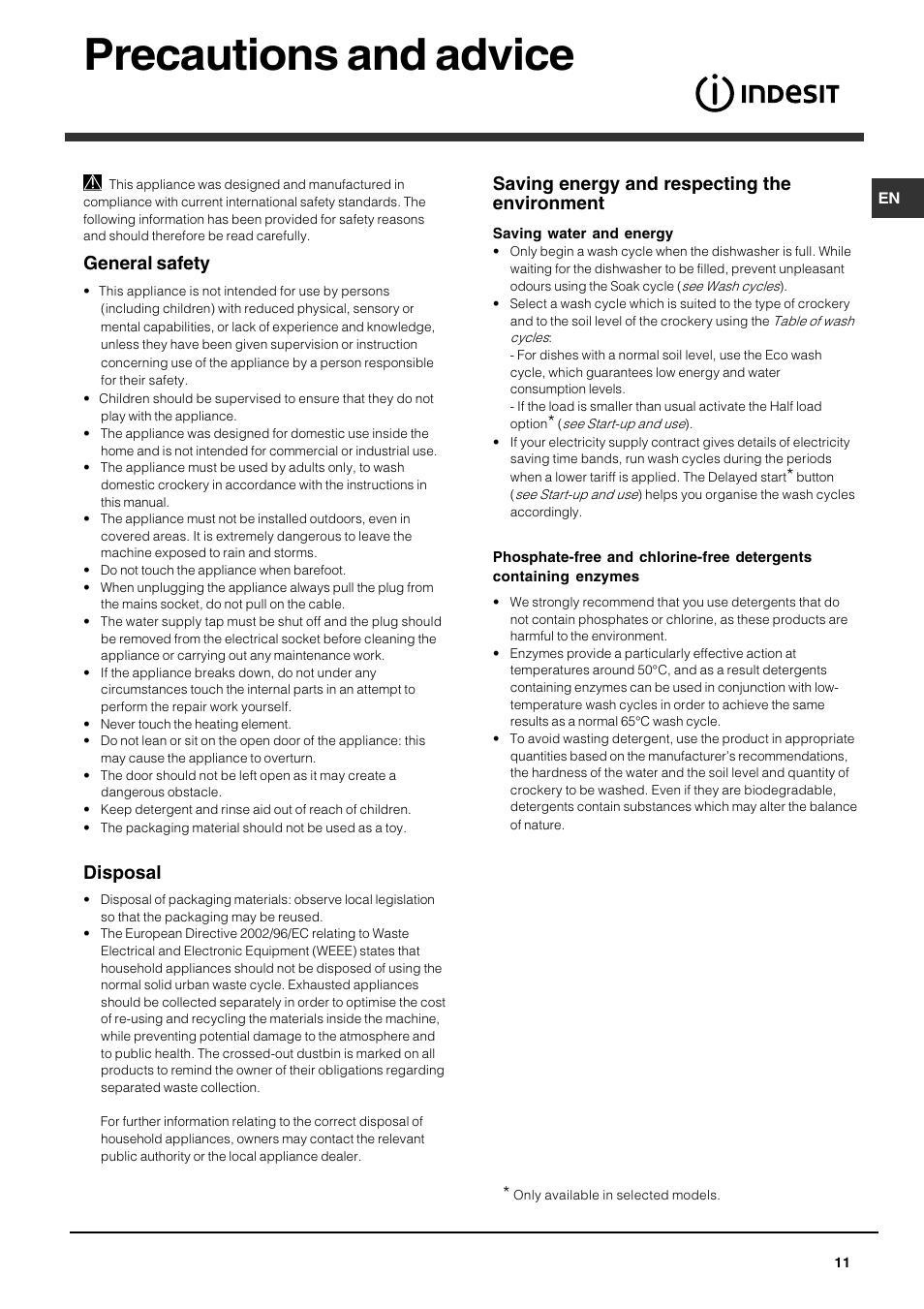 Precautions and advice, General safety, Disposal | Saving energy and respecting the environment | Indesit DPG 15 WH User Manual | Page 11 / 16
