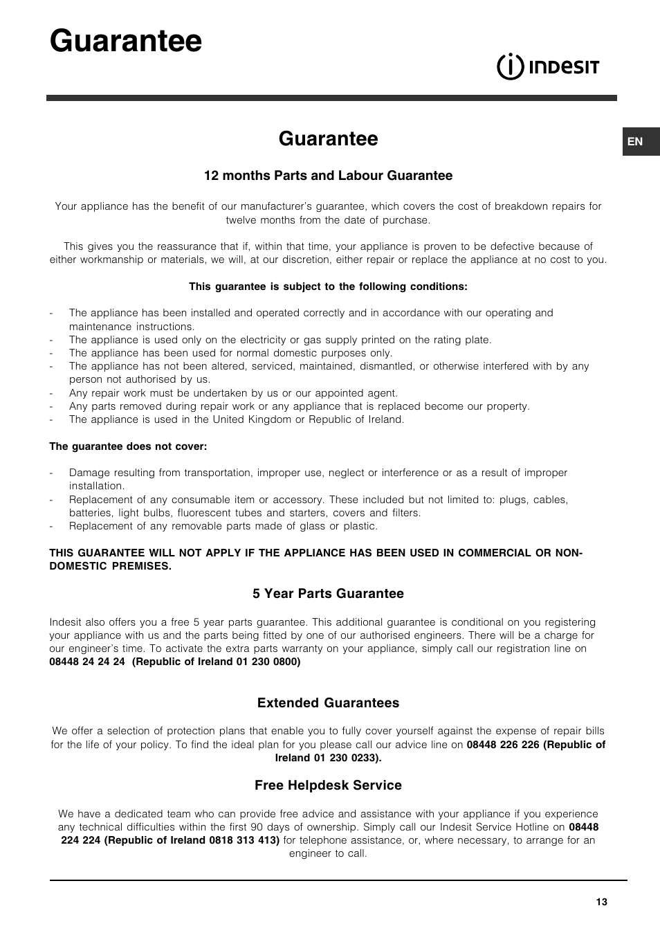 Guarantee | Indesit DPG 15 WH User Manual | Page 13 / 16