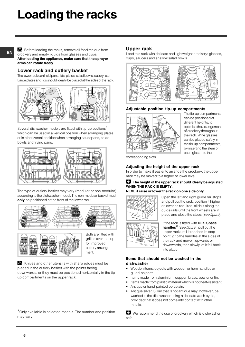 Loading the racks, Lower rack and cutlery basket, Upper rack | Indesit DPG 15 WH User Manual | Page 6 / 16