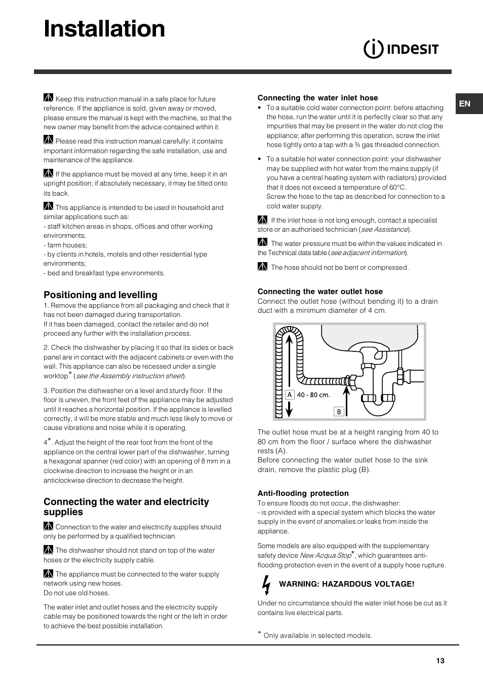 Installation, Positioning and levelling, Connecting the water and electricity supplies | Indesit DPG 36 A IX User Manual | Page 13 / 80