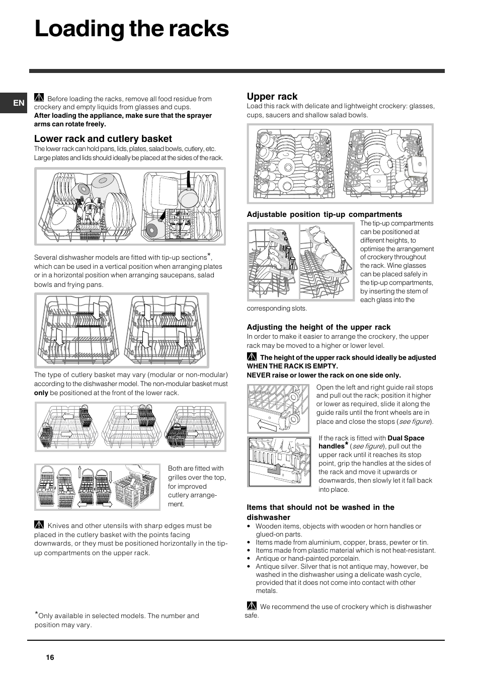 Loading the racks, Lower rack and cutlery basket, Upper rack | Indesit DPG 36 A IX User Manual | Page 16 / 80