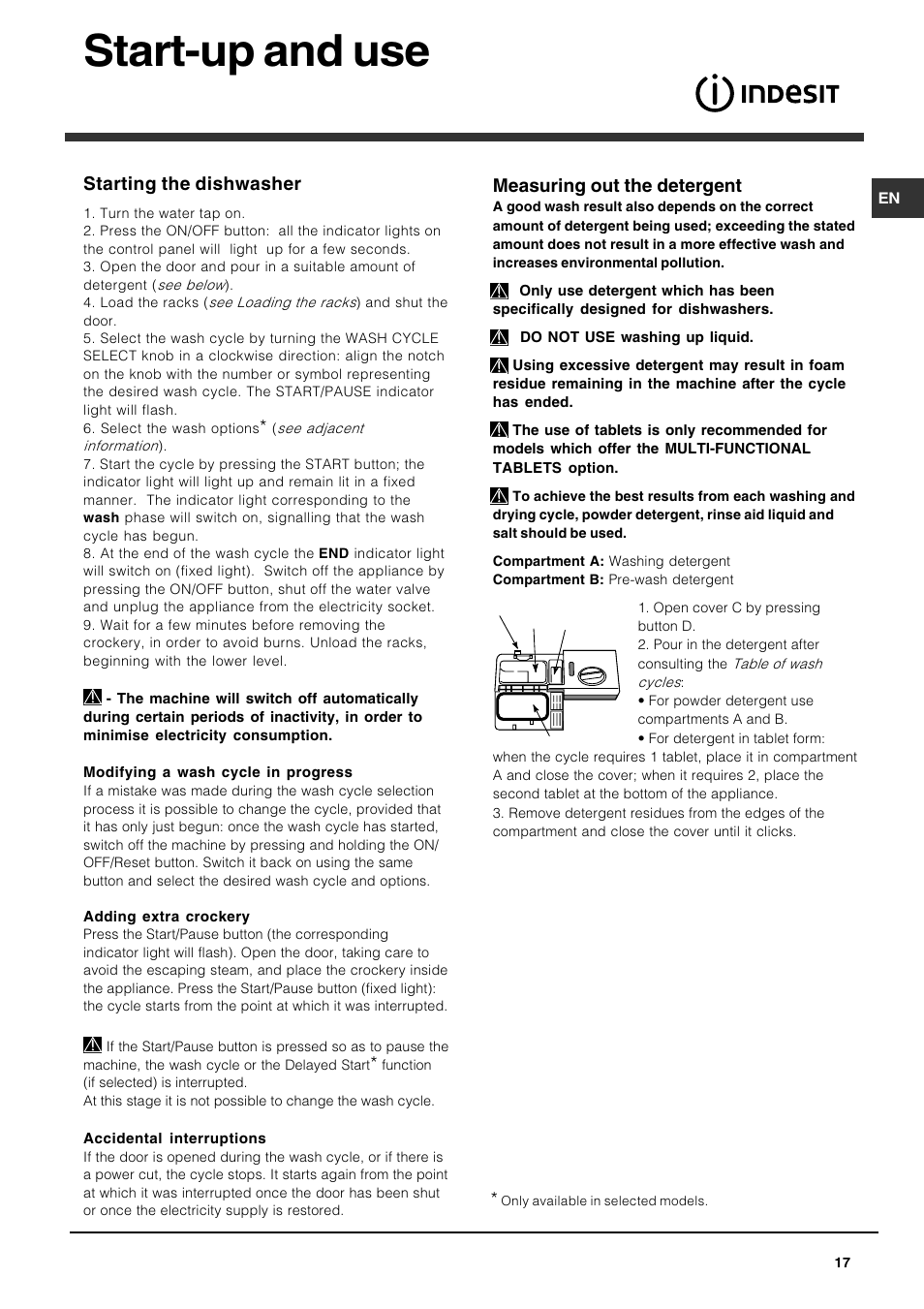 Start-up and use, Measuring out the detergent, Starting the dishwasher | Indesit DPG 36 A IX User Manual | Page 17 / 80