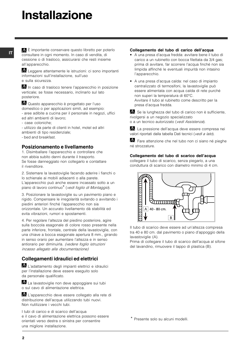 Installazione, Posizionamento e livellamento, Collegamenti idraulici ed elettrici | Indesit DPG 36 A IX User Manual | Page 2 / 80