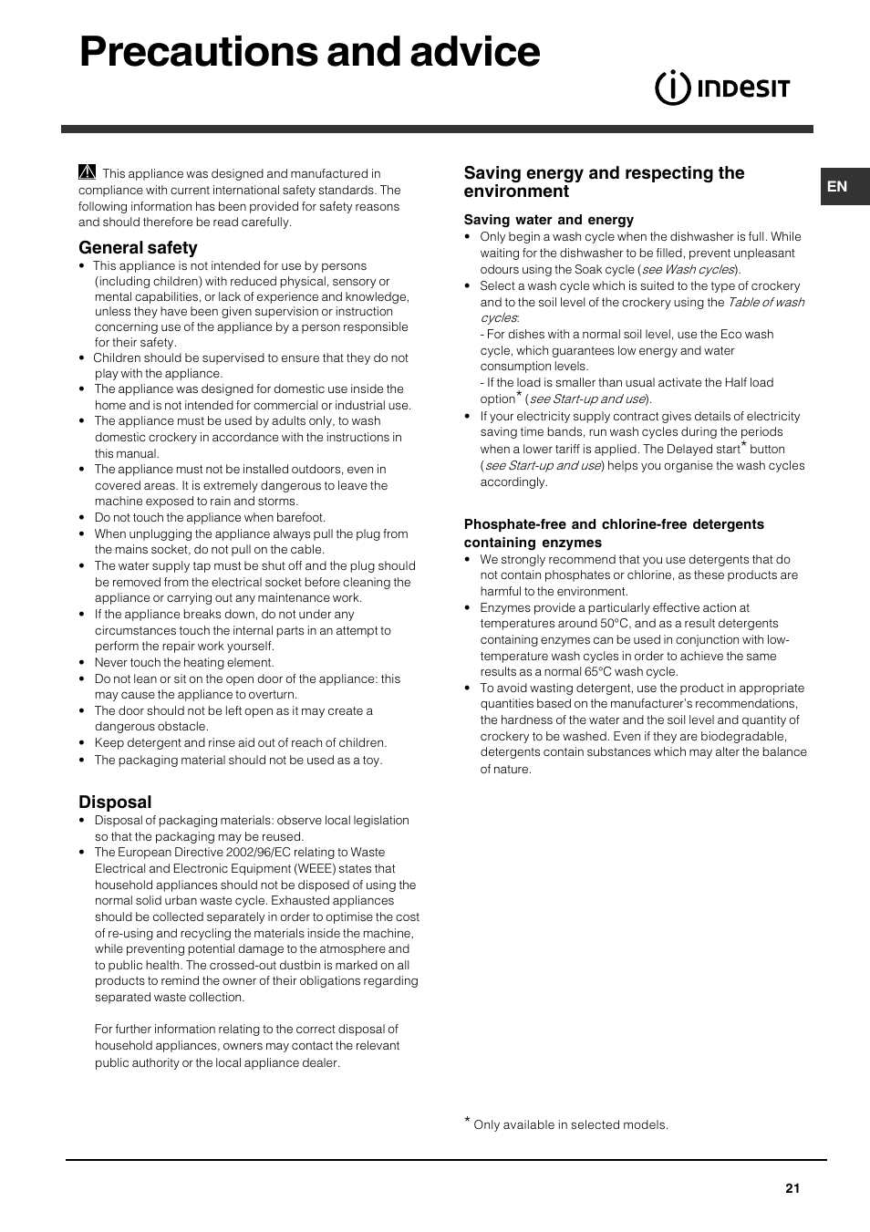 Precautions and advice, General safety, Disposal | Saving energy and respecting the environment | Indesit DPG 36 A IX User Manual | Page 21 / 80