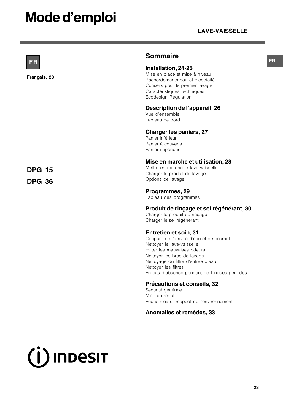 Mode demploi, Sommaire, Dpg 15 dpg 36 | Indesit DPG 36 A IX User Manual | Page 23 / 80