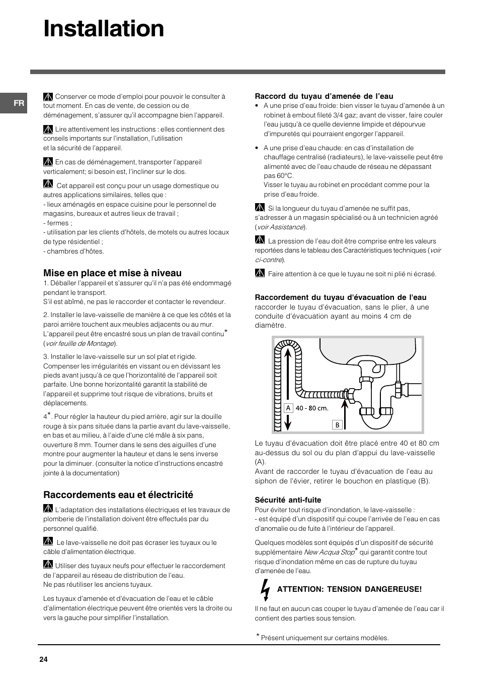 Installation, Mise en place et mise à niveau, Raccordements eau et électricité | Indesit DPG 36 A IX User Manual | Page 24 / 80