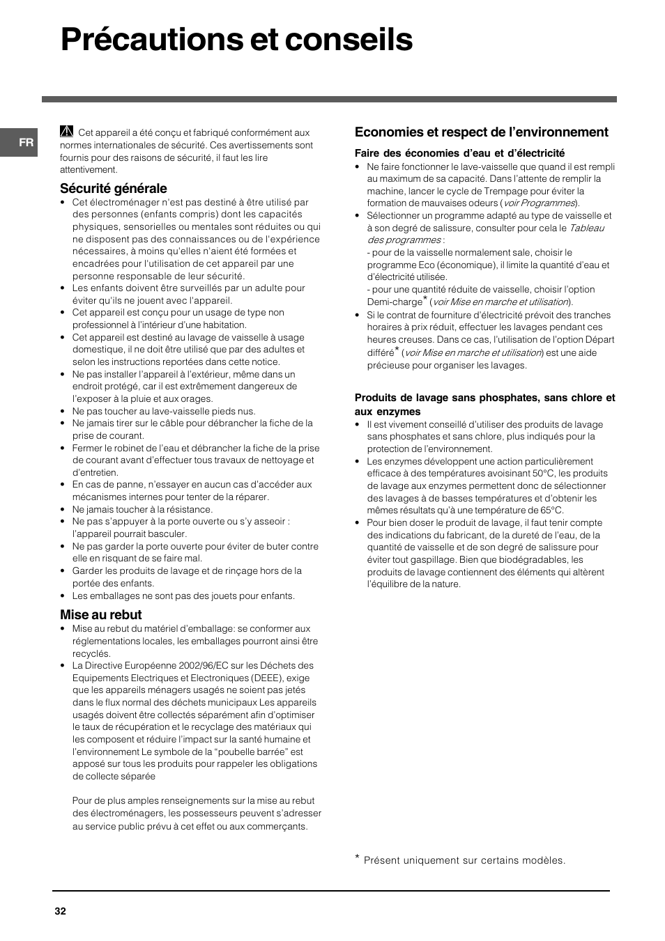 Précautions et conseils, Sécurité générale, Mise au rebut | Economies et respect de lenvironnement | Indesit DPG 36 A IX User Manual | Page 32 / 80