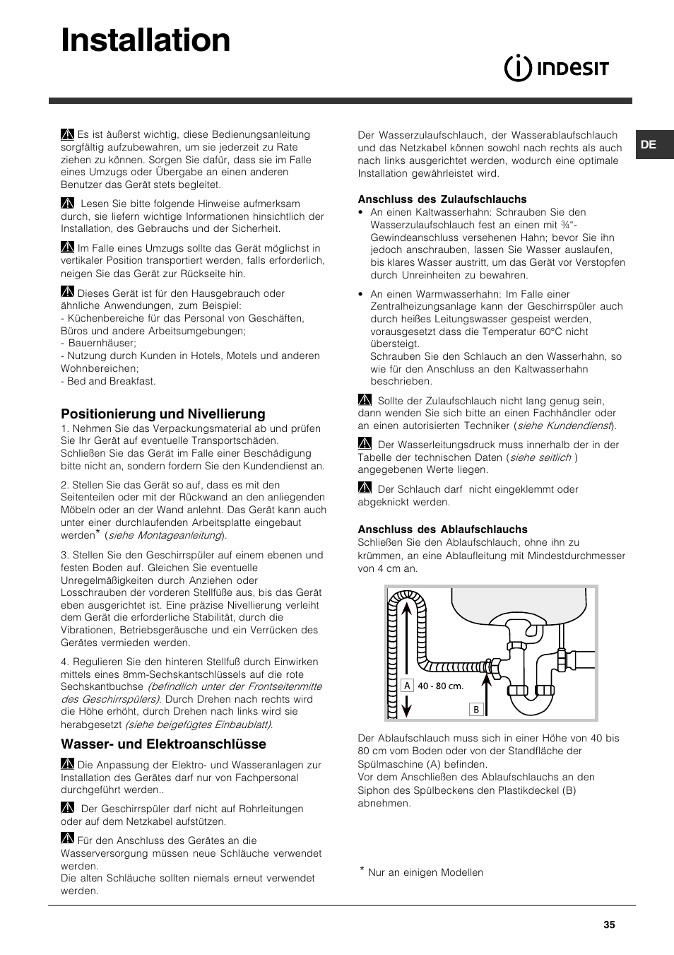 Installation, Positionierung und nivellierung, Wasser- und elektroanschlüsse | Indesit DPG 36 A IX User Manual | Page 35 / 80