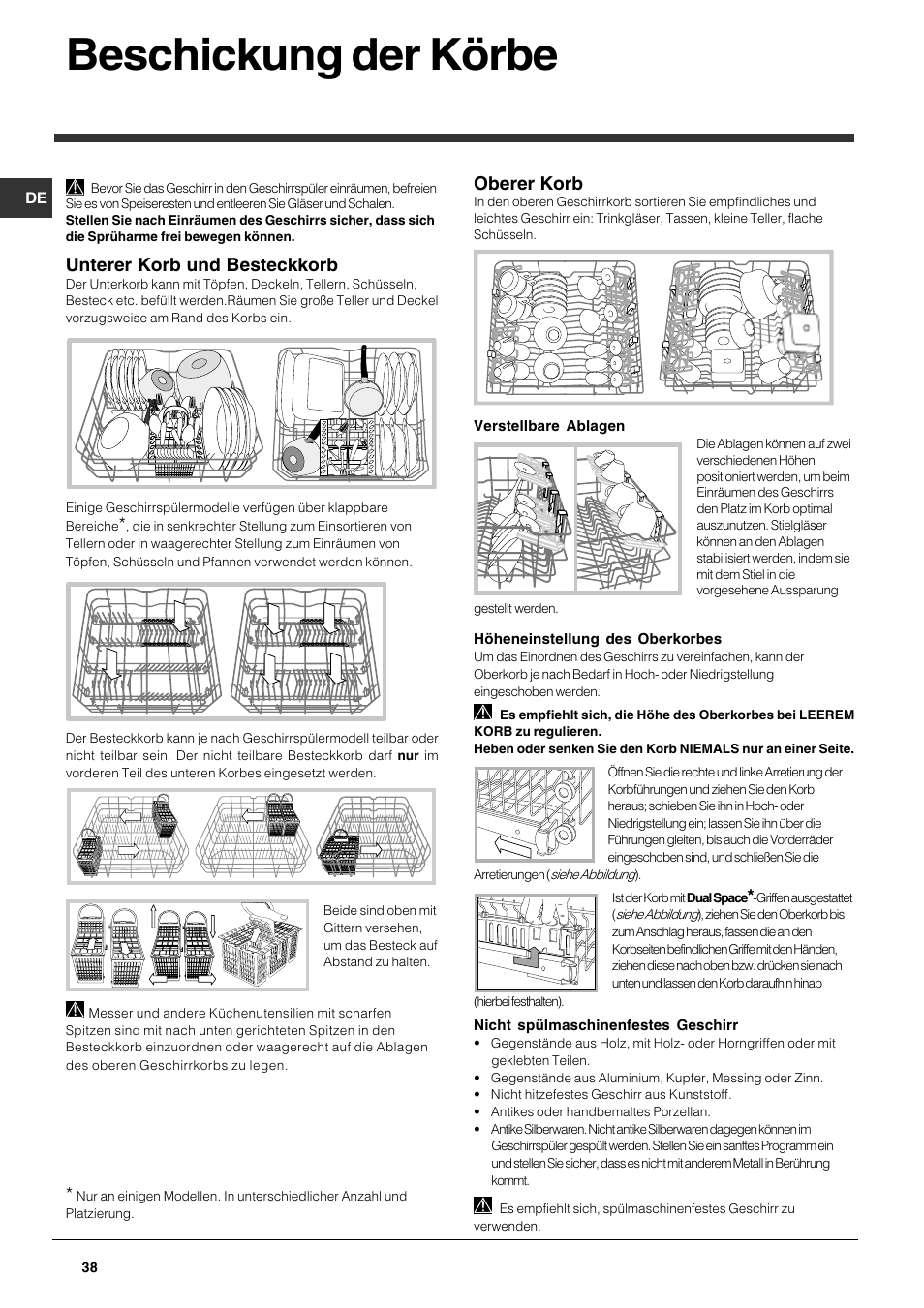 Beschickung der körbe, Unterer korb und besteckkorb, Oberer korb | Indesit DPG 36 A IX User Manual | Page 38 / 80