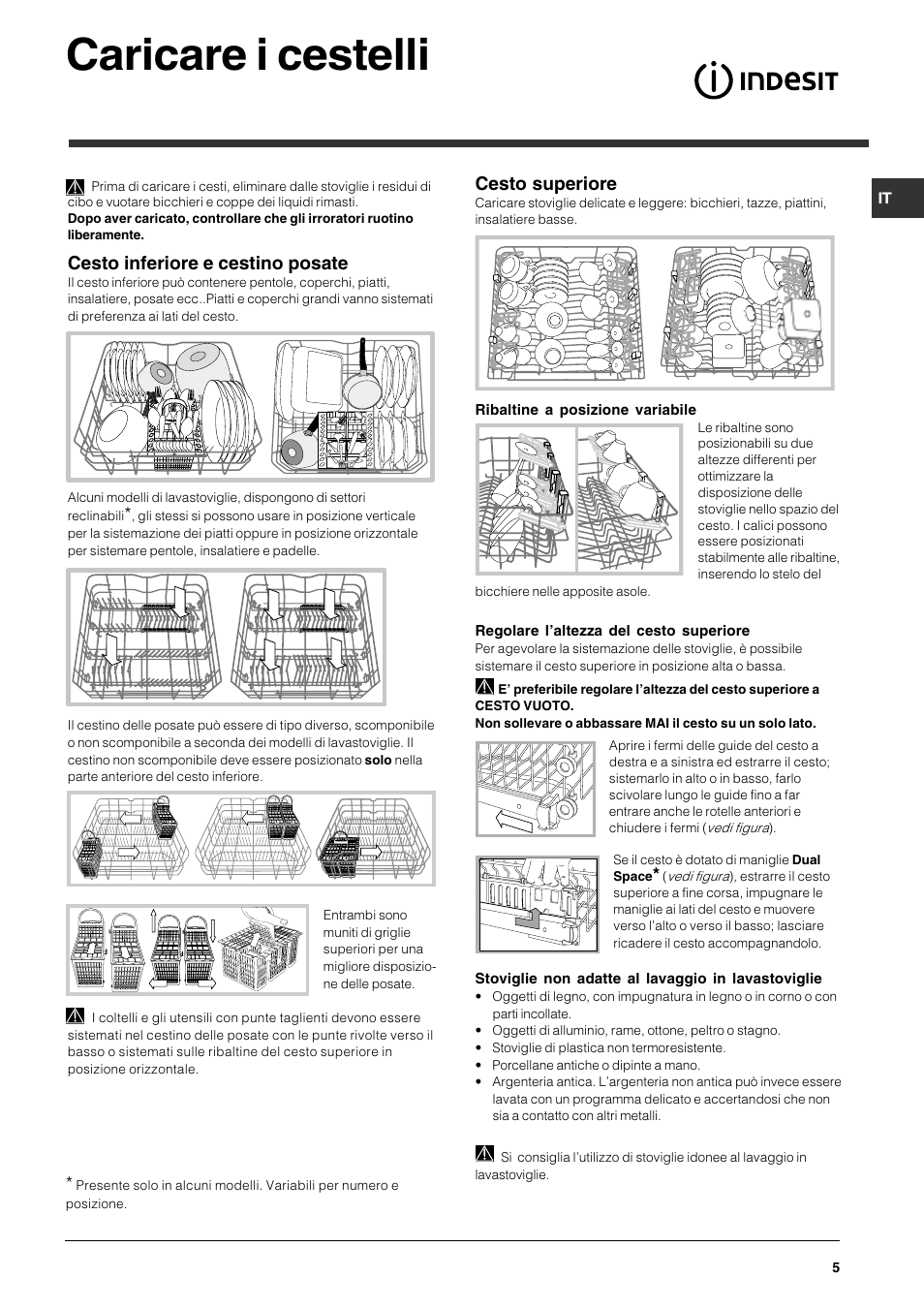 Caricare i cestelli, Cesto inferiore e cestino posate, Cesto superiore | Indesit DPG 36 A IX User Manual | Page 5 / 80