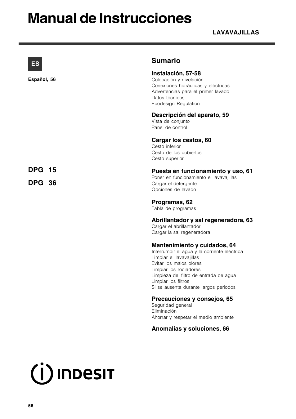 Manual de instrucciones, Sumario, Dpg 15 dpg 36 | Indesit DPG 36 A IX User Manual | Page 56 / 80