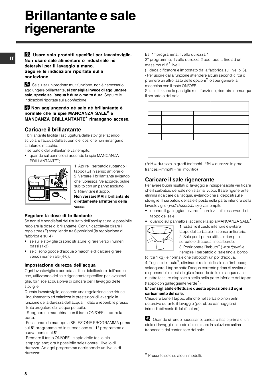 Brillantante e sale rigenerante, Caricare il brillantante, Caricare il sale rigenerante | Indesit DPG 36 A IX User Manual | Page 8 / 80