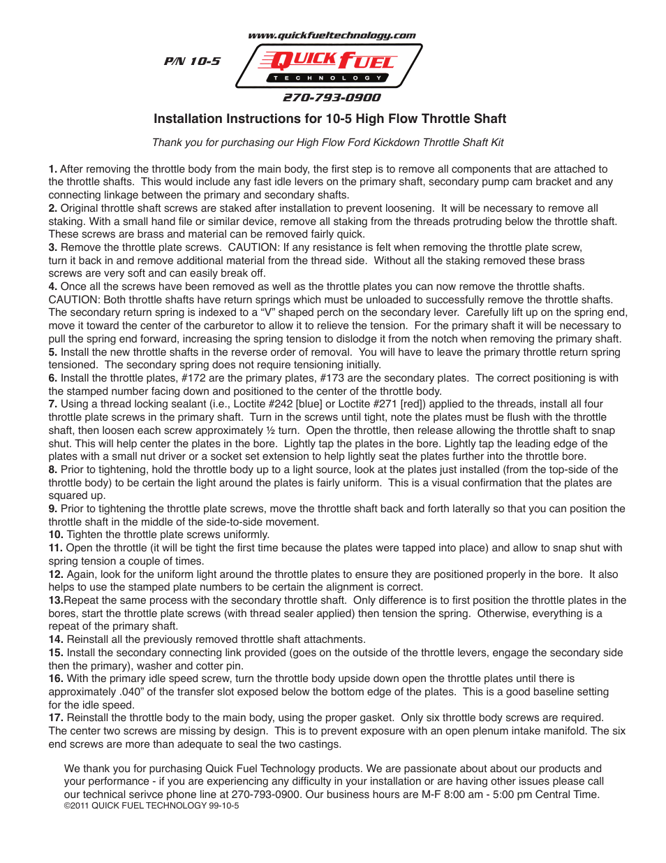 Quick Fuel Technology 10-5 High Flow Throttle Shaft User Manual | 1 page