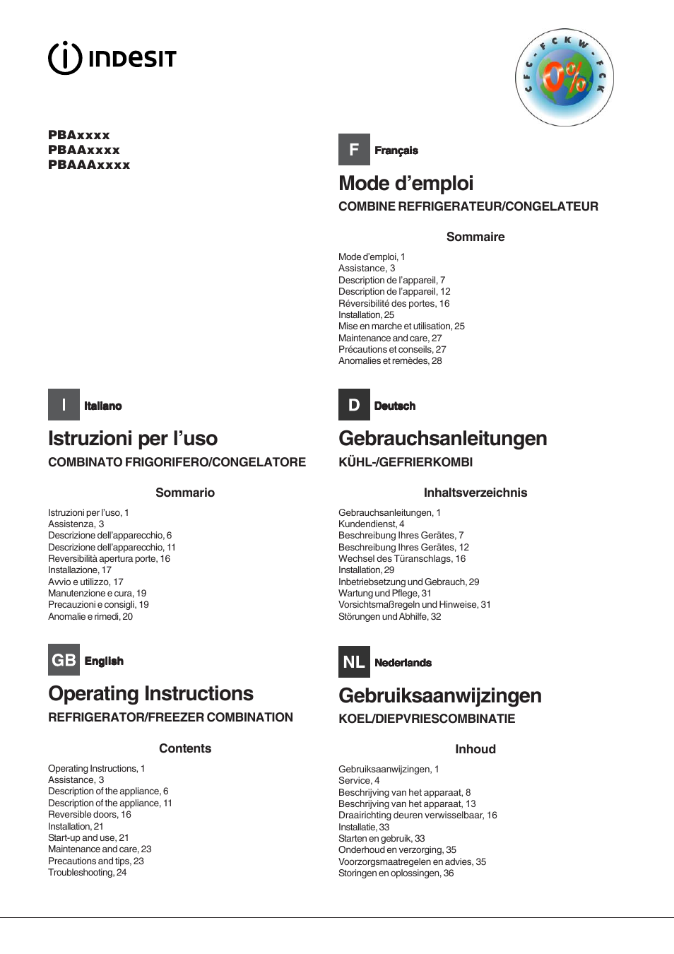 Indesit PBAA 33 F D User Manual | 52 pages