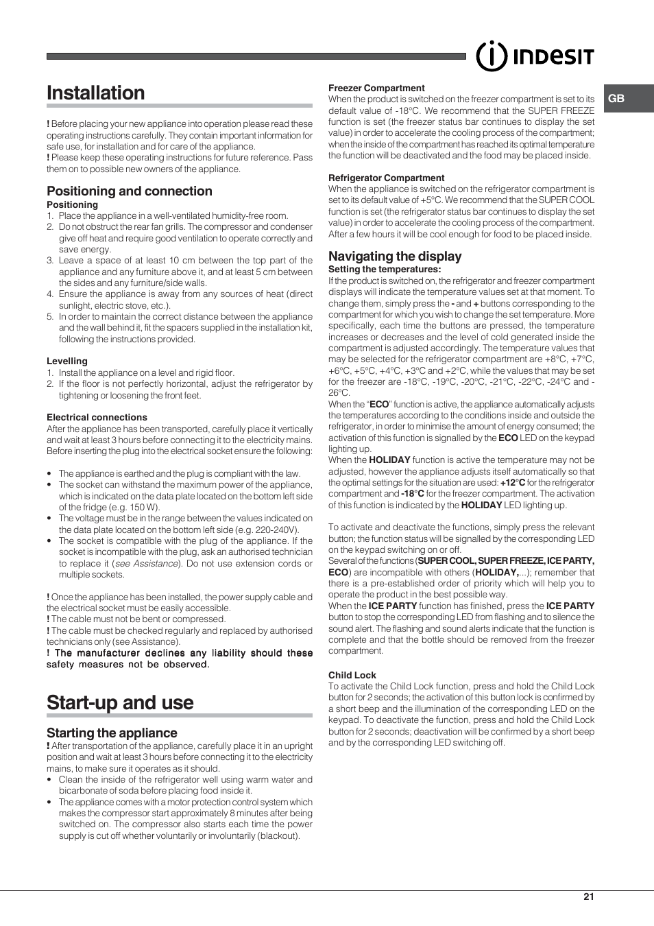 Installation, Start-up and use, Positioning and connection | Starting the appliance, Navigating the display | Indesit PBAA 33 F D User Manual | Page 21 / 52
