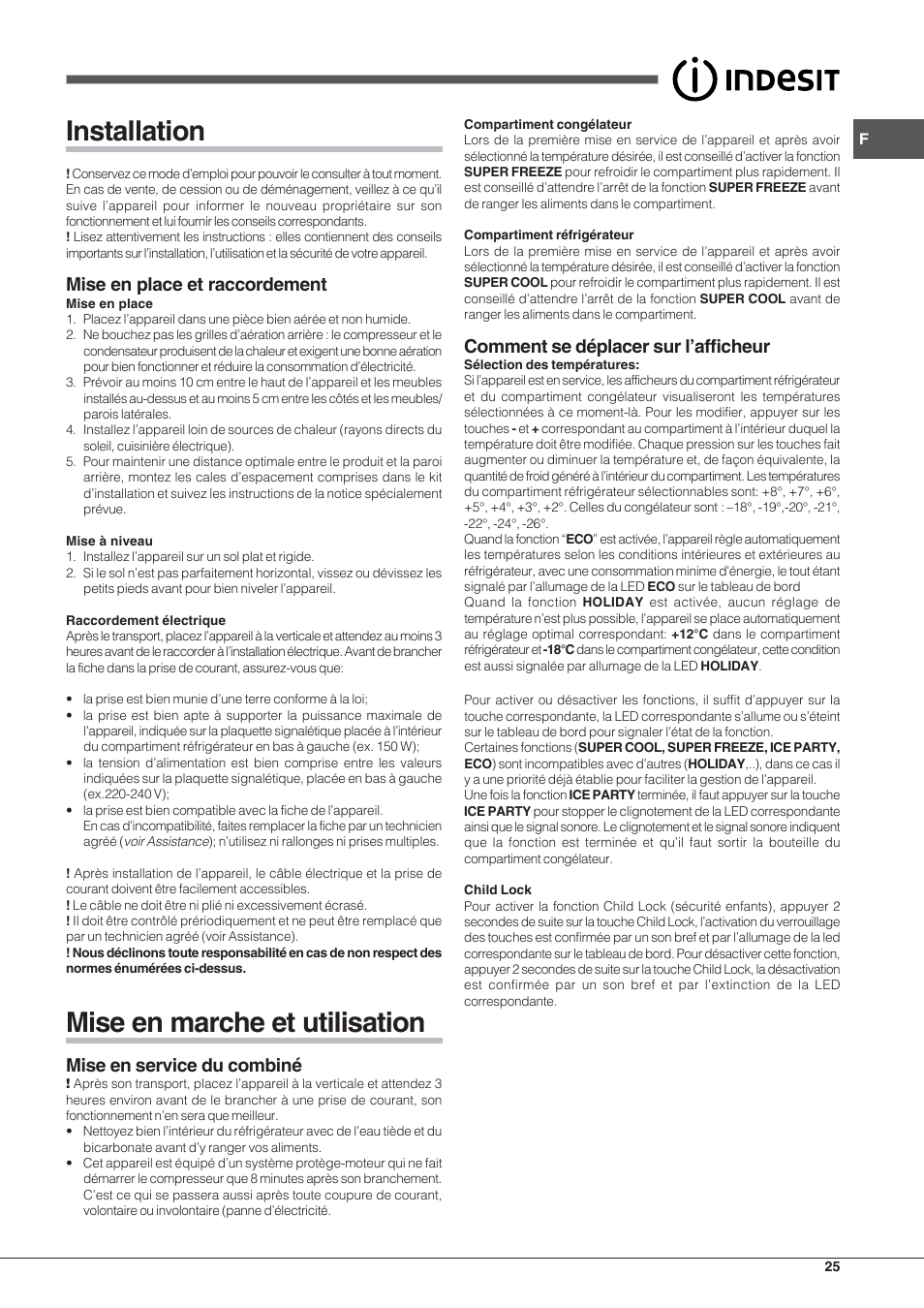 Installation, Mise en marche et utilisation, Mise en place et raccordement | Mise en service du combiné, Comment se déplacer sur l’afficheur | Indesit PBAA 33 F D User Manual | Page 25 / 52