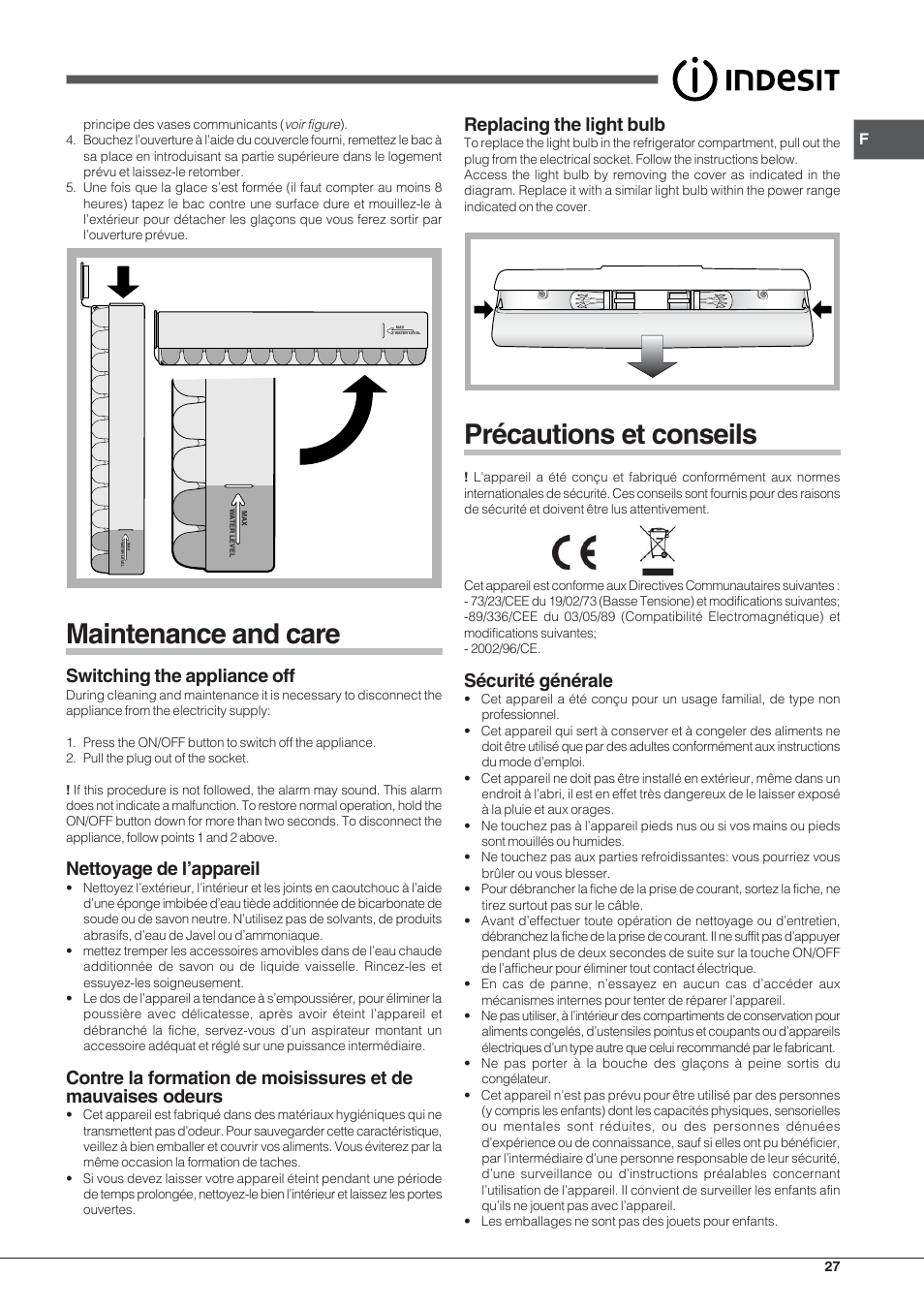 Maintenance and care, Précautions et conseils, Switching the appliance off | Nettoyage de l’appareil, Replacing the light bulb, Sécurité générale | Indesit PBAA 33 F D User Manual | Page 27 / 52