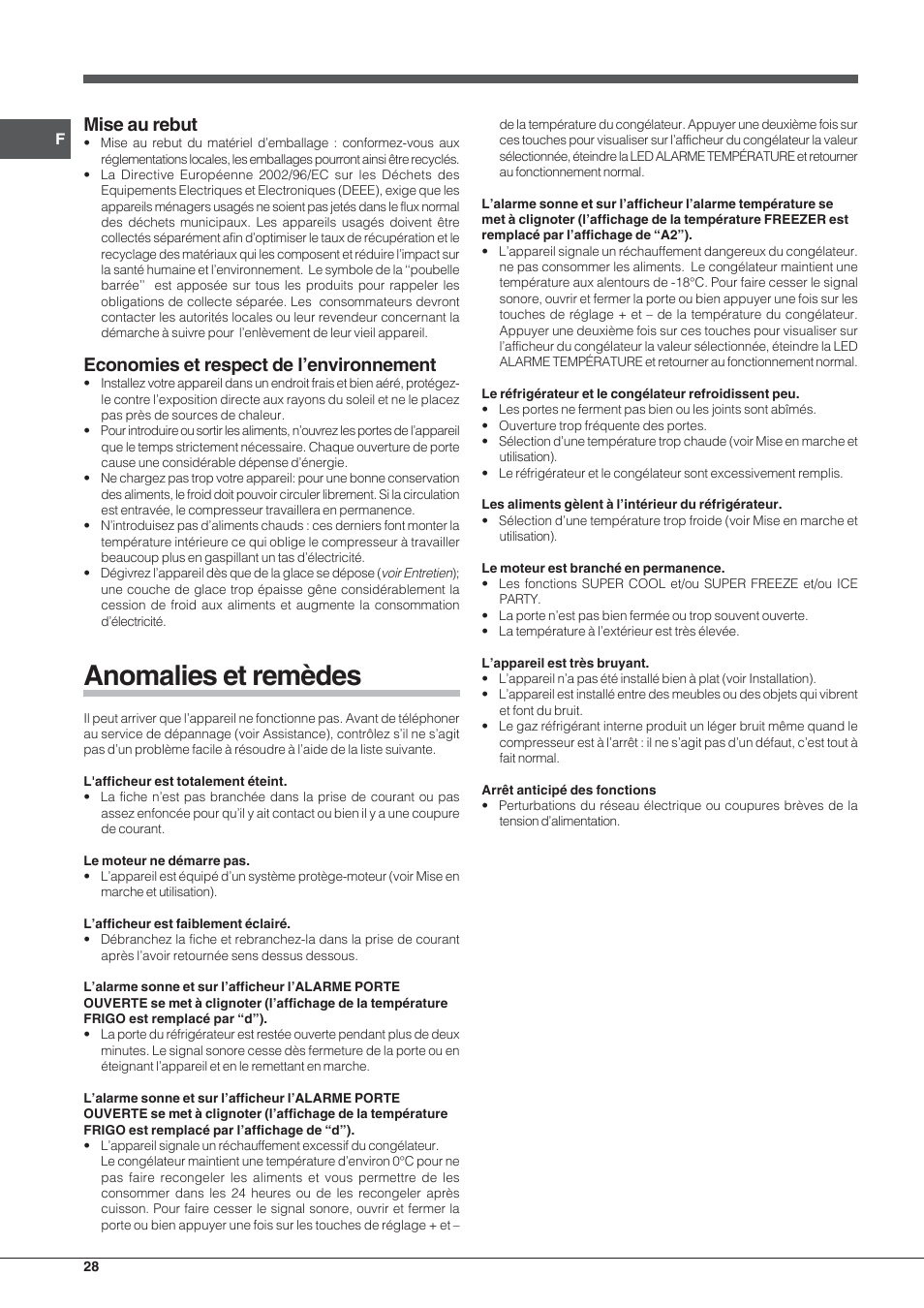 Anomalies et remèdes, Mise au rebut, Economies et respect de l’environnement | Indesit PBAA 33 F D User Manual | Page 28 / 52