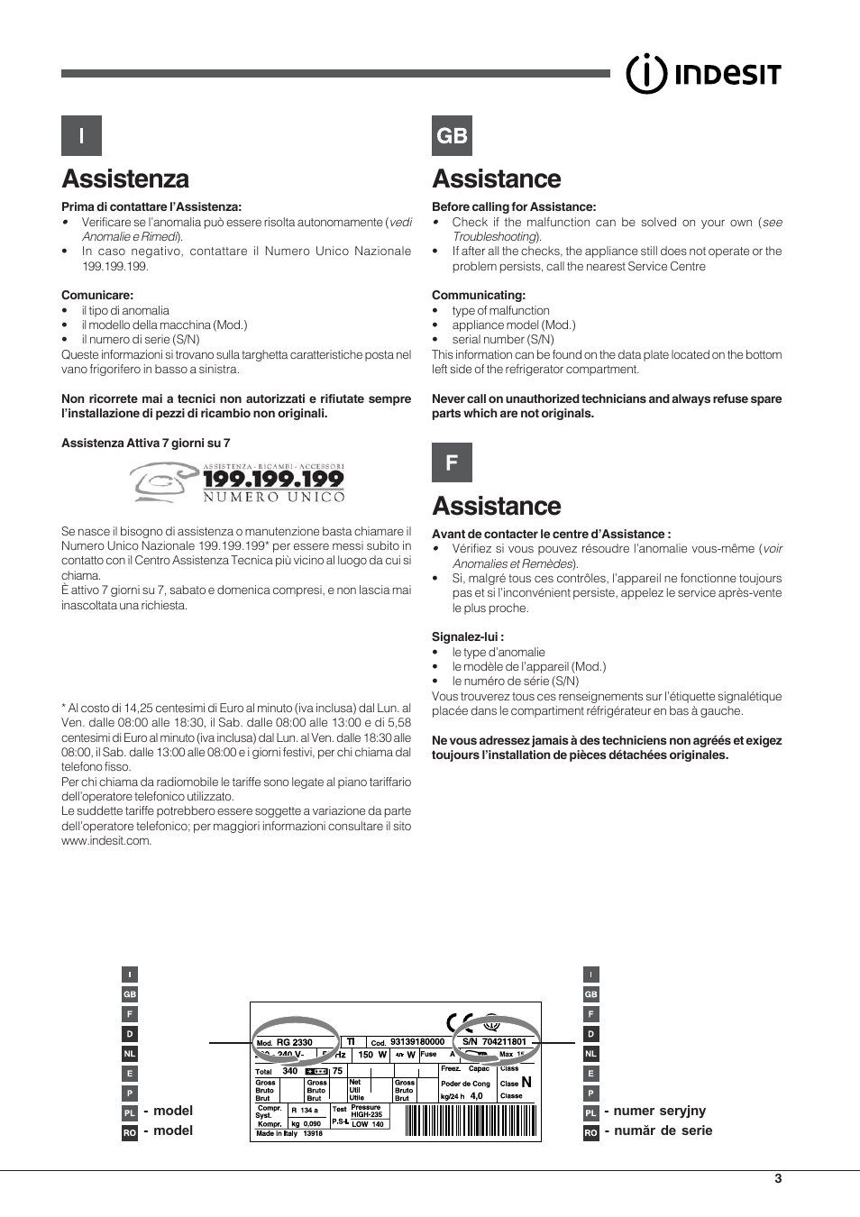 Assistenza, Assistance | Indesit PBAA 33 F D User Manual | Page 3 / 52