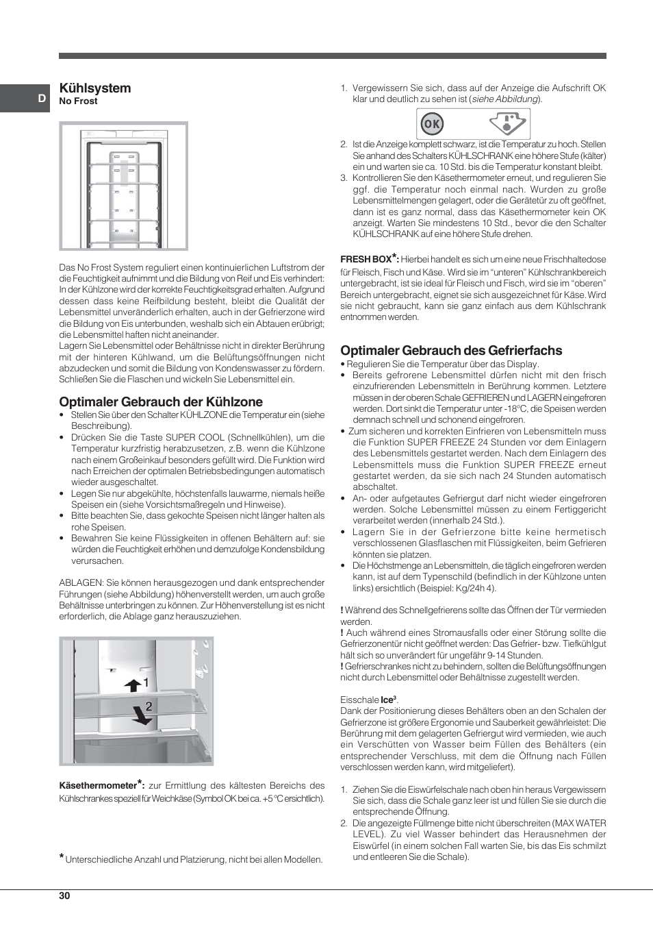 Kühlsystem, Optimaler gebrauch der kühlzone, Optimaler gebrauch des gefrierfachs | Indesit PBAA 33 F D User Manual | Page 30 / 52