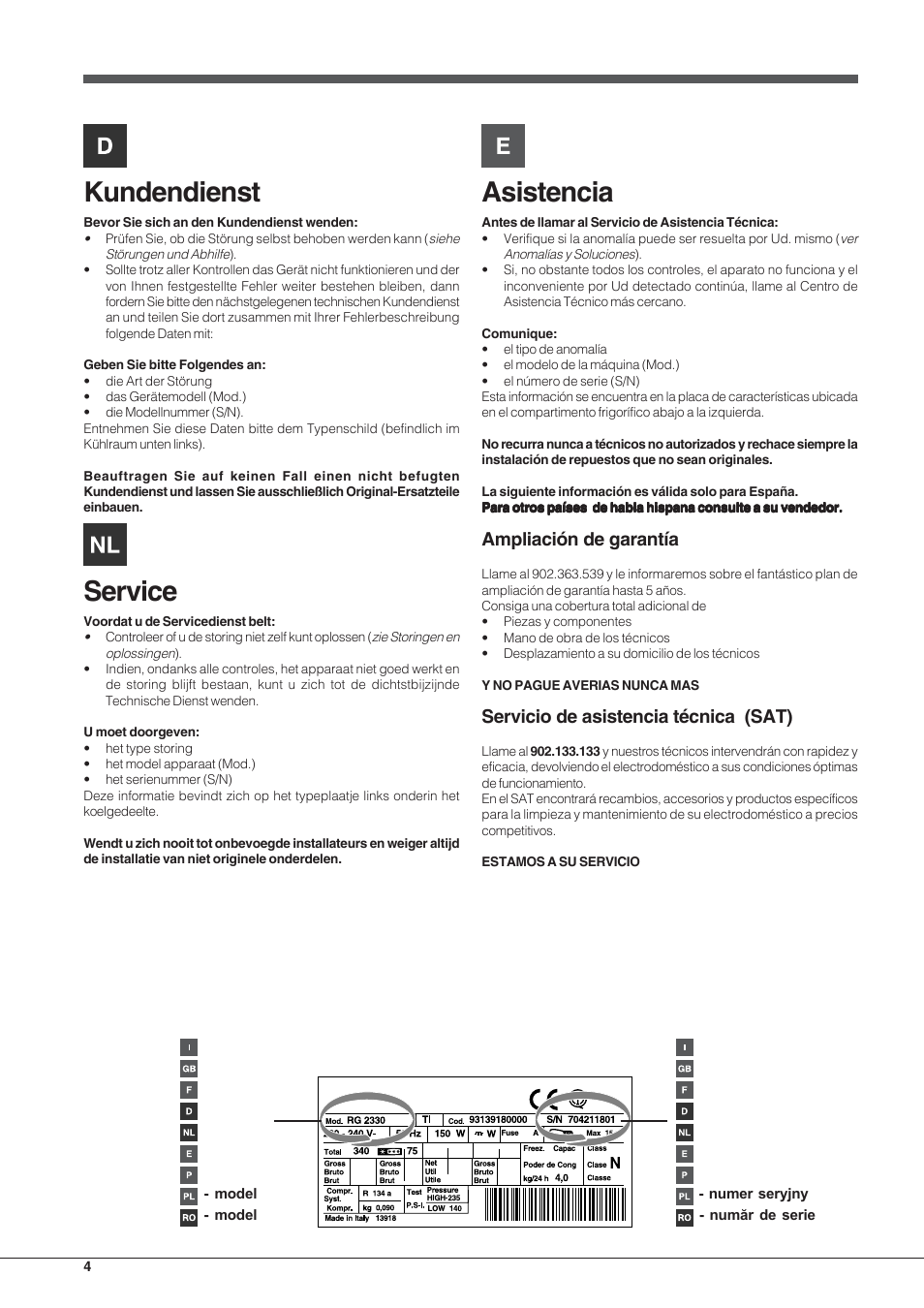 Kundendienst, Service, Asistencia | Ampliación de garantía, Servicio de asistencia técnica (sat) | Indesit PBAA 33 F D User Manual | Page 4 / 52