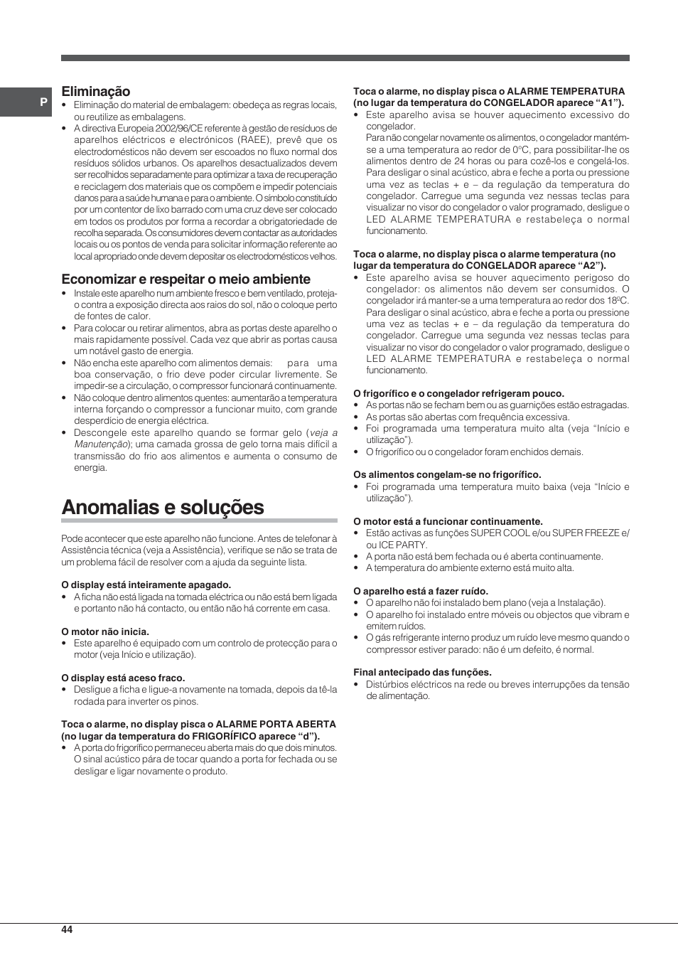 Anomalias e soluções, Eliminação, Economizar e respeitar o meio ambiente | Indesit PBAA 33 F D User Manual | Page 44 / 52